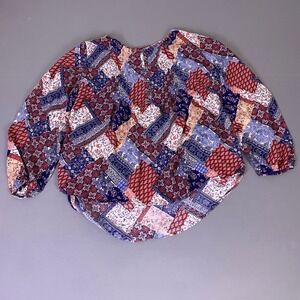 CB Established 1962 Henley Blouse Womens 2X Patchwork Boho Rayon Blue Red Floral